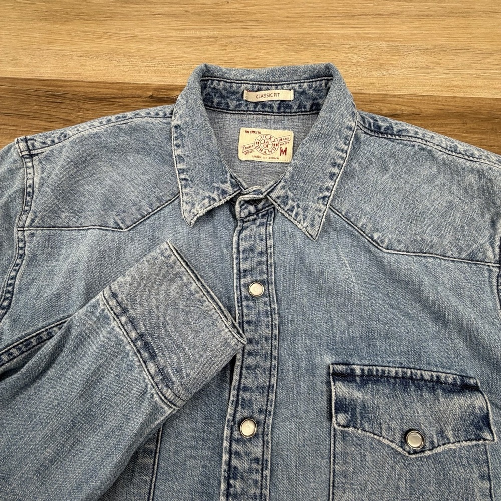 Lucky Brand Denim Western Shirt Pearl Snap Blue Chambray Mens M